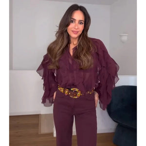 Blusa Feminina Plissado Manga Longa - Vermelho