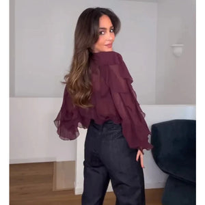 Blusa Feminina Plissado Manga Longa - Vermelho